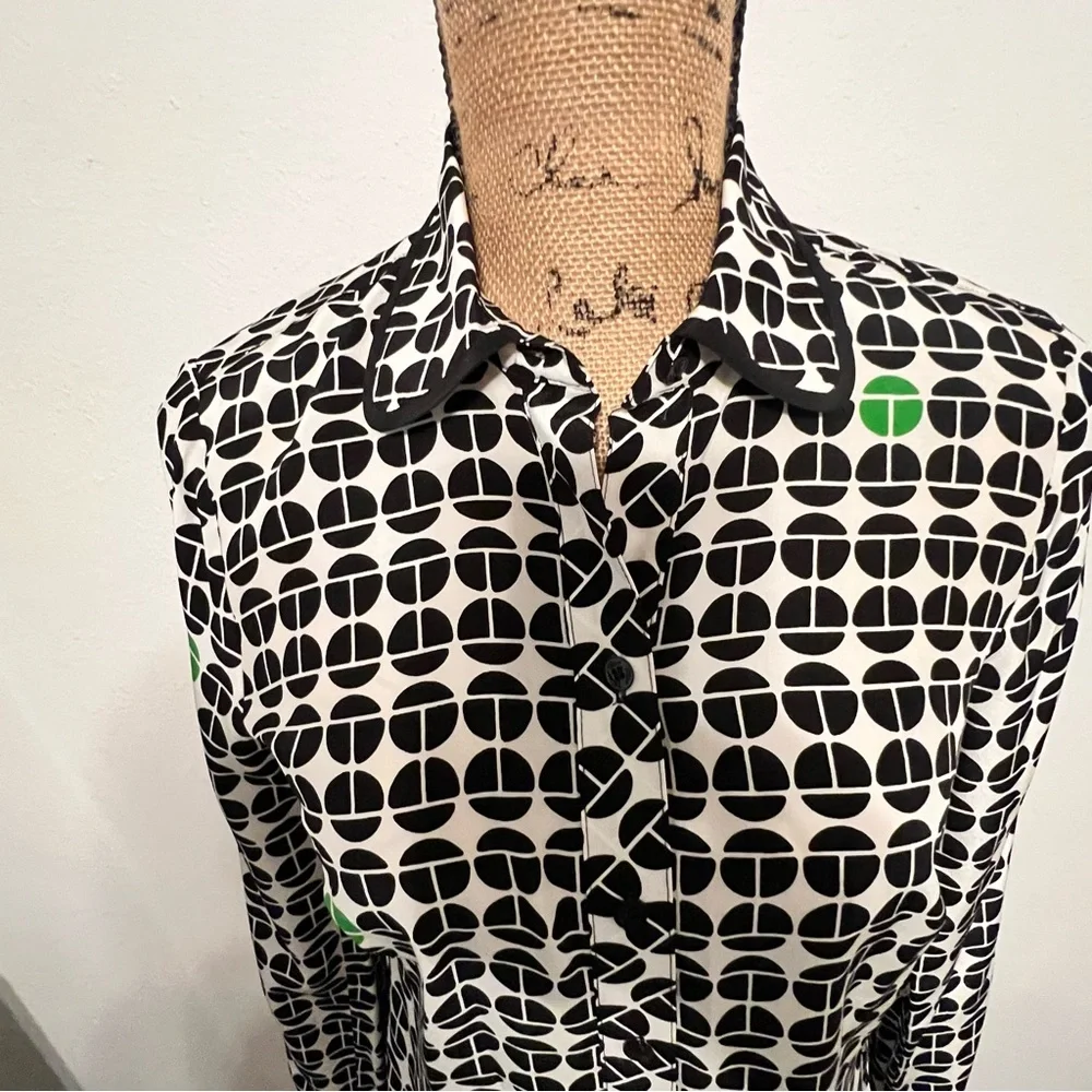 Trina Turk Cream Silk Blouse with Black and Green small - Picture 3 of 11